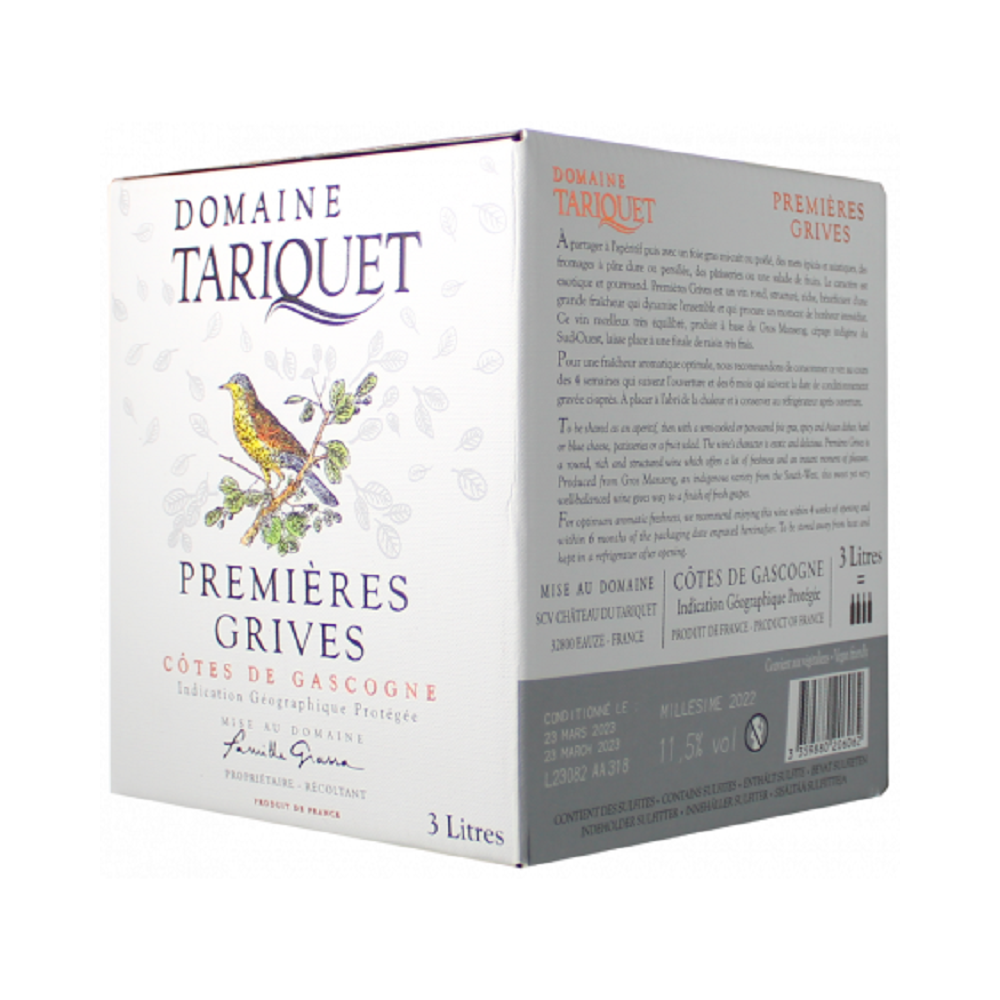 BIB 3 litres - Tariquet Les premières Grives - Côtes de Gascogne IGP - Domaine Tariquet - 2024 BIB 3 litres - Tariquet Les premières Grives - Côtes de Gascogne IGP - Domaine Tariquet - 2024